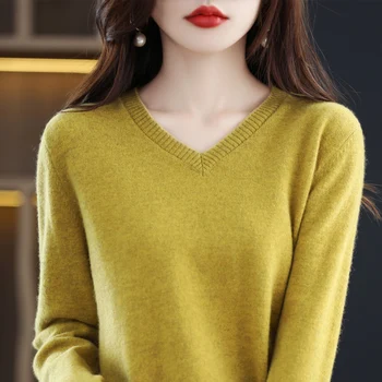 100% чистая шерсть кашемир свитер женский пуловер с V-образным вырезом повседневный трикотажный топ осень и зима женское пальто корейская мода