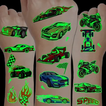 12 листов гоночный автомобиль временные татуировки детские наклейки водонепроницаемый день рождения спортивные принадлежности мультфильм водонепроницаемый светящийся в темноте