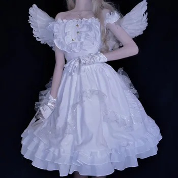 2022 Новое японское платье Ангел Лолита Черный Белый Подтяжки без рукавов Оборки Сладкие платья принцессы Kawaii Набор для вечеринок на Хэллоуин