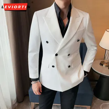 2023 Черно-белый двубортный формальный мужской пиджак Индивидуальный приталенный свадебный жених пальто Однотонный костюм Куртка Hombre