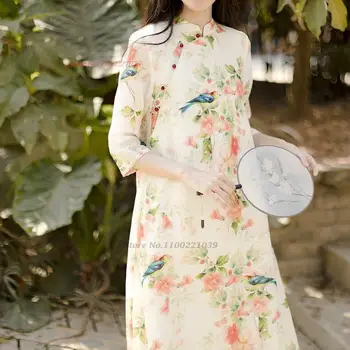 2024 Китайское винтажное платье Cheongsam традиционное хлопковое льняное платье с цветочным принтом Ципао винтажное китайское платье народное танцевальное платье