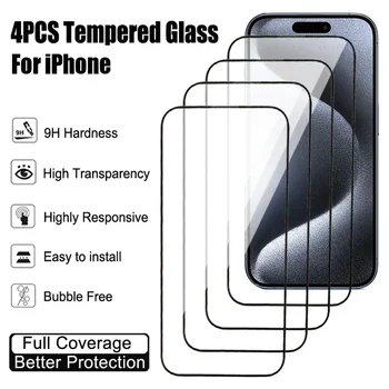 4 шт. Защитное закаленное стекло с защитой от взрыва для Apple iPhone 15 14 Plus 13 12 Mini 11 Pro Защитная пленка для экрана iPhone X XR XS Max