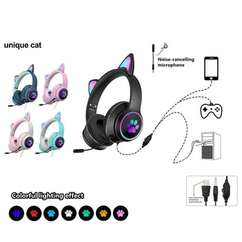 Cat Ear Gamer Гарнитура Девушка Симпатичная гарнитура Двойные наушники с шумоподавлением и микрофоном RGB Light Virtual 7.1 Auriculares Подарок