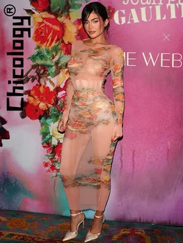 Chicology Mesh Sexy Floral See Through Тонкое длинное платье Kylie Style Модная вечеринка Клубное мероприятие Лето Женская одежда для оптовой продажи