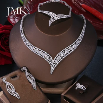 JMK Luxury Saudi Bridal 4 шт. Ювелирные изделия Наборы Женские Свадебные Посеребренные Ювелирные Изделия Ужин Аксессуары Для Вечеринки Подарок Дропшиппинг