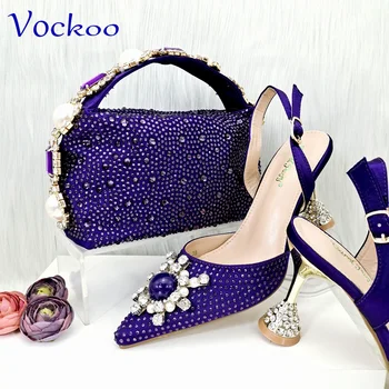 Leisure Style 2024 Slingback с заостренным носком Нигерийская женская обувь Набор сумок темно-фиолетового цвета для вечеринки в саду