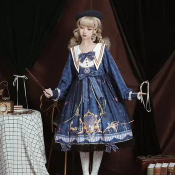 Lolita OP кружевное платье принцессы с длинными рукавами и темно-синим воротником Повседневное элегантное платье с принтом бабочек Kawaii