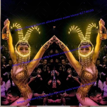Lumious Эд рога головной убор ночной клуб бар gogo dance ds сценическое шоу светящиеся костюмы головной убор боди