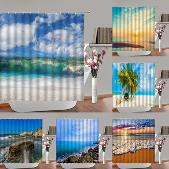 Ocean Beach Природа Сцена Занавеска для душа для ванной комнаты Восход Закат Прибрежный Гавайский Лето Морская Волна Остров Тканевые Занавески для ванны