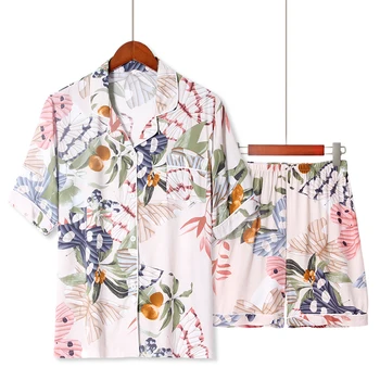 Plus Size Женские 100% вискозные пижамы с принтом бабочки Короткий пижамный комплект Контрастный кант Свободные брюки Lougewear S-XXXL