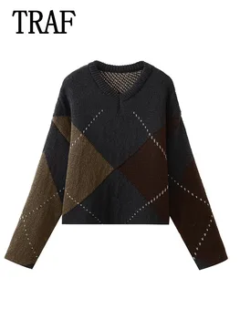 TRAF Женский винтажный вязаный свитер с длинным рукавом 2024 осень зима укороченный однотонный тонкий теплый женский пуловер шикарные топы