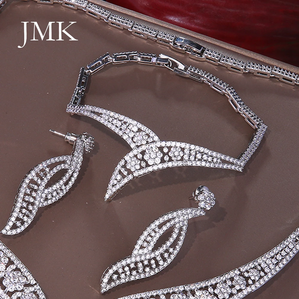 JMK Luxury Saudi Bridal 4 шт. Ювелирные изделия Наборы Женские Свадебные Посеребренные Ювелирные Изделия Ужин Аксессуары Для Вечеринки Подарок Дропшиппинг