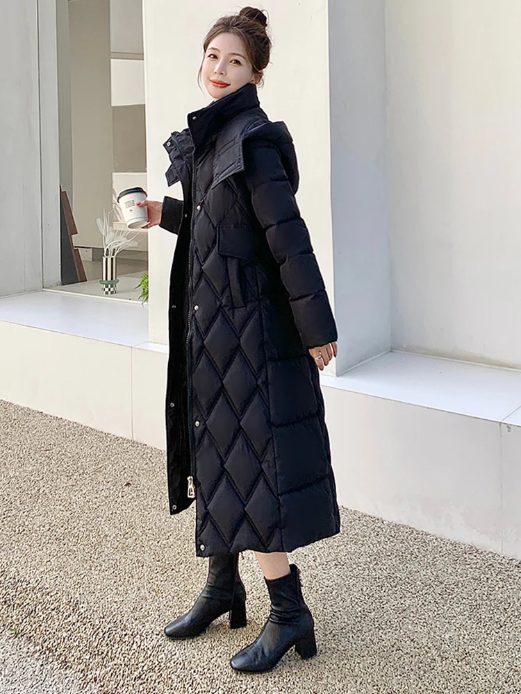 2023 Зимние женские пуховики с поясом Длинная женская пуховика Парки с капюшоном Хлопковая подкладка Утолщенное ветрозащитное пальто