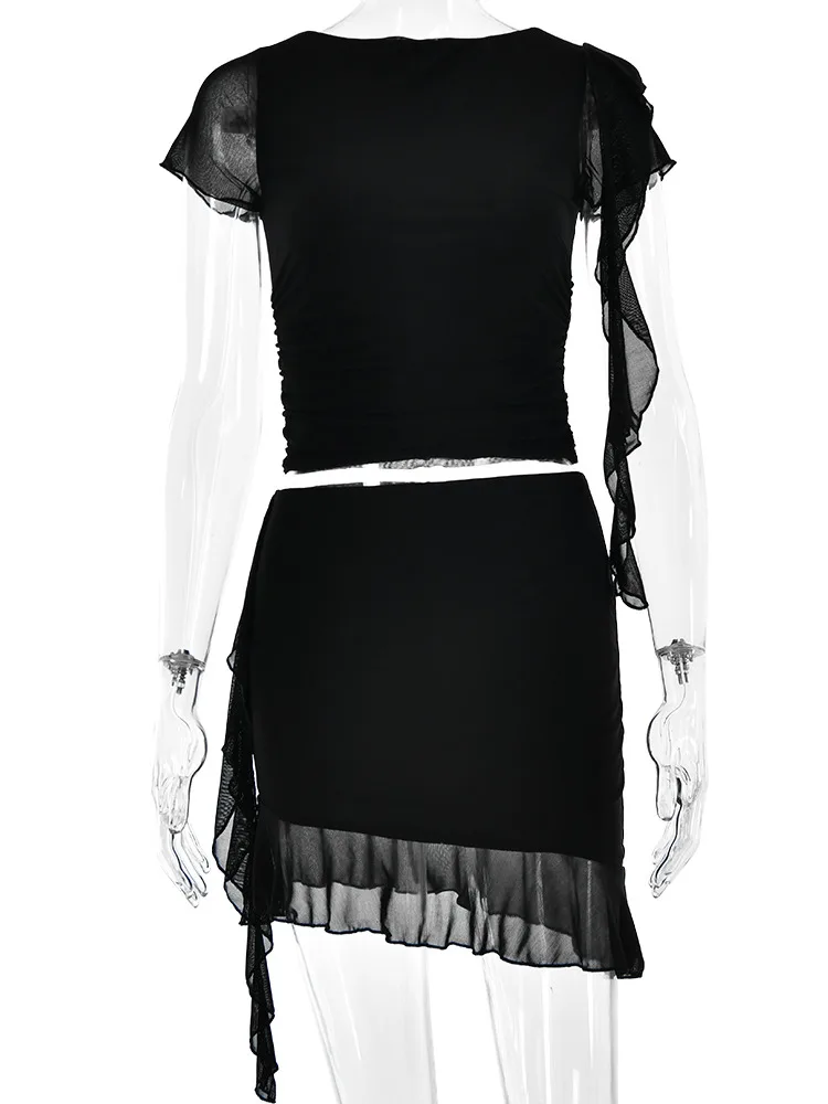 Articat Sexy Mesh Двухслойный женский женский комплект из двух частей с рюшами Прозрачный обтягивающий топ с коротким рукавом Мини-юбка Женская одежда2023