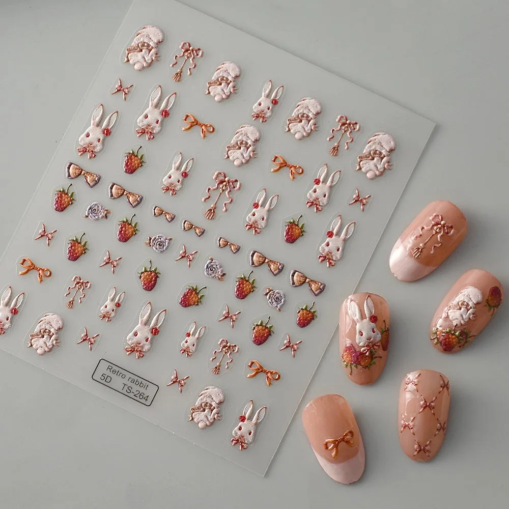 1 лист Kawaii Наклейка для ногтей Милый кролик Ногти Слайдер Самоклеящиеся детали украшения 5D Дизайн наклеек на ногти