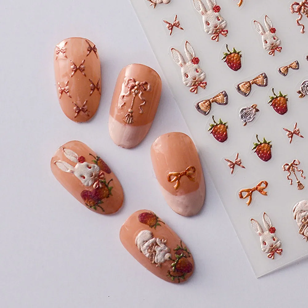 1 лист Kawaii Наклейка для ногтей Милый кролик Ногти Слайдер Самоклеящиеся детали украшения 5D Дизайн наклеек на ногти