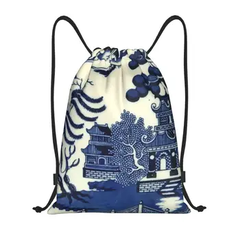 Антикварная ивовая посуда Восточные сумки на шнурке Спортивные сумки для тренажерного зала Синий Делфт Шинуазри Пагода Покупки Рюкзаки для хранения
