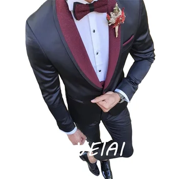 Блестящий темно-синий мужской костюм для свадьбы жениха смокинги шафер костюмы бизнес диннер костюмы острые козырьки 2шт (куртка + брюки)