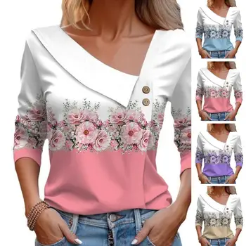 Весенняя блузка Цветочный принт V-образный вырез Пуловер Блузка для женщин Свободный топ с длинным рукавом средней длины с декором на пуговицах Осень Весна