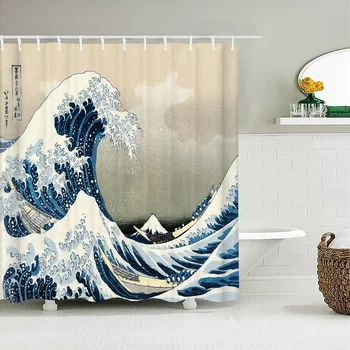 Волны в японском стиле 3D-печатная занавеска для душа с крючками Украшение дома Шторы для ванной комнаты Водонепроницаемая ткань из полиэстера