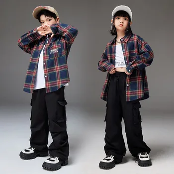Дети хип-хоп клетчатая рубашка карго брюки девочки-подростки уличные танцы комплекты одежды для мальчиков уличная одежда детские джазовые костюмы 8 10 12 14 y