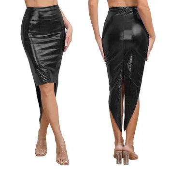 Женская сексуальная металлическая блестящая юбка-карандаш с высокой талией и разрезом ласточкин хвост с высоким-низким подолом облегающая юбка ночной клуб