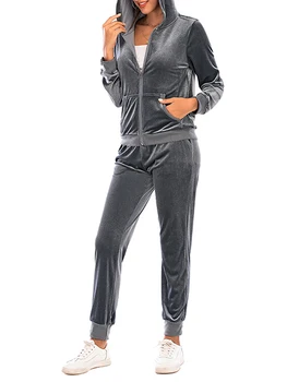 Женщины 2 шт. Бархатные спортивные костюмы Однотонная толстовка с капюшоном на молнии и спортивные штаны для спортивной одежды Осенние наряды