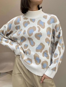 Зимний женский свитер 2023 Леопардовый принт Животное Базовый Белый Водолазка Оверсайз Джемпер Винтаж Теплые вязаные свитера для женщин