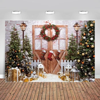 Зимний рождественский фон для фотографии Рождественская елка Дверь сарая Снежинка Портрет Белый фон Новорожденный 1-й день рождения
