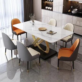 Итальянский обеденный стол и стул с каменной плитой комбинация современного простого прямоугольного домашнего света роскошного обеденного стола