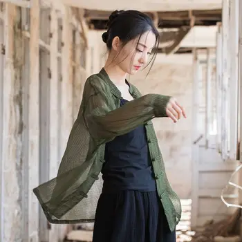 Китайский стиль Харадзюку кардиган лето новый женский тонкий хлопок и лен Тан костюм Тан блузка в китайском стиле свободная повседневная ретро рубашка