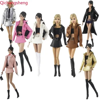 Кожаный 30-сантиметровый набор нарядов для куклы для Барби Одежда для Барби Одежда Верхняя куртка Пальто Майка Юбка Сапоги 11.5