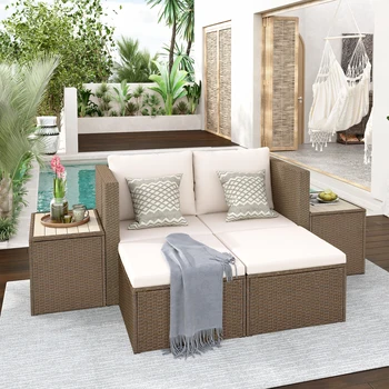 Комплект садовой мебели из 6 предметов, секционный диван из плетеного ротанга из полиэтилена с 2 журнальными столиками, коричневый плетеный + бежевые подушки