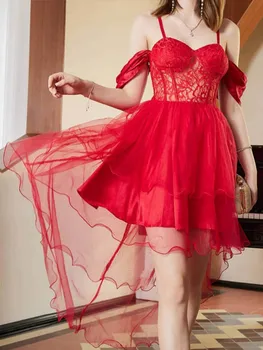 Красное женское вечернее платье для клубного платья 2023 Новый Спагетти Бретель Банкет Свадьбы Подружка невесты Сетчатое платье Сексуальный халат Мини-среднее платье