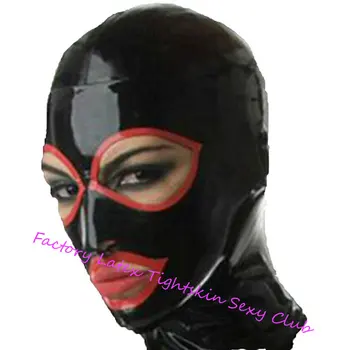Латексный капюшон Открытые глаза и рот Резиновая маска Черный с красной отделкой для костюма Косплей Клуб Носить Костюм