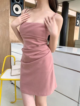 летнее винтажное элегантное мини-платье для вечеринок женское сексуальное сладкое платье A-Line с открытой спиной Женское платье с высокой талией и ретро на бретелях 2023