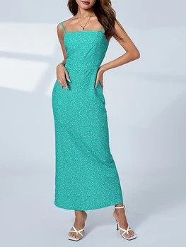 Макси-платье без рукавов с цветочным принтом Стильное облегающее платье Y2K Sling A-Line с тонкими бретелями для шикарного летнего образа
