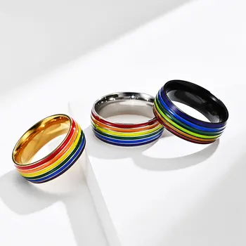 Многоцветное радужное кольцо для женщин и мужчин Эмаль из нержавеющей стали Кольцо на палец Мода Ежедневные обручальные кольца Ювелирные изделия Подарки