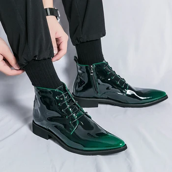 Мужские уникальные зеленые ботинки челси из натуральной кожи Мужские деловые ботильоны Мужские повседневные короткие ботинки в британском стиле Молодежные последние тенденции