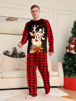 Мужской повседневный рождественский домашний пижамный комплект, милый олень мультяшный удобный толстовка с длинным рукавом и свободные брюки в клетку