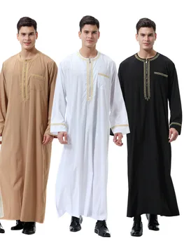  Мусульмане Мужчины Дубай Длинная Абая Ближневосточная Вышивка Рубашка Абая Большие Размеры Круглый Шея Молния Халат Ropa Hombre Исламская Одежда
