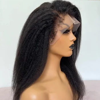 Мягкий 28-дюймовый 200% плотности длинный натуральный черный Yaki Kinky Прямой кружевной передний парик для женщин с детскими волосами, предварительно выщипанными без клея