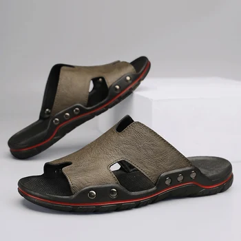Натуральная кожа Мужские сандалии Большие размеры тапочки Мужская повседневная пляжная летняя обувь для мужчин Модные шлепанцы sapatenis masculino