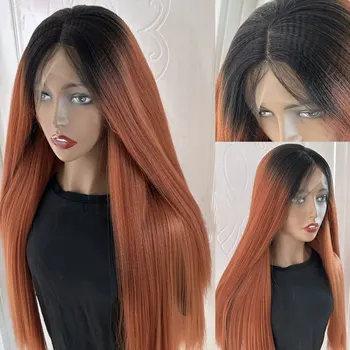 Натуральный мягкий Yaki Бесклеевое омбре 1B Оранжевый кудрявый прямой 26 дюймов Длинный 13 * 4 Кружевной передний парик Синтетический для женщин Детские волосы 180Плотность