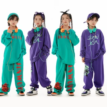 Новая одежда для танцев в стиле хип-хоп для подростков Свободные топы для мальчиков Брюки Девочки Фиолетовый зеленый костюм Тренировочная одежда Современная одежда для джазовых выступлений