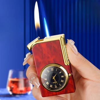 Новые металлические настоящие часы ветрозащитные надувные зажигалки с двойным пламенем открытое пламя прямое синее пламя с двойным выключателем зажигания газовые зажигалки