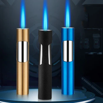 Новый металлический цилиндрический Синее Пламя Сильный Огонь Ветрозащитная Бутановая Зажигалка Удобно Для Барбекю Зажигалка Для Сигар На Открытом Воздухе Мужской Подарок