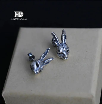Пара серебряных серег с готическим кроликом 925 пробы, черные серебряные серьги ручной работы, серьги со шрамом в виде кролика