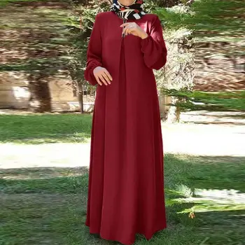 Платья для мусульманок Осень Элегантное Свободное Однотонное Длинное Платье Ид Халат Абая Мусульманское Платье Женщины
