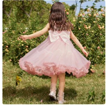 Розовое многослойное платье с бантом для цветочной девушки украшено блестящим свадебным милым маленьким ребенком цветов первая евхаристия вечеринка бальное платье